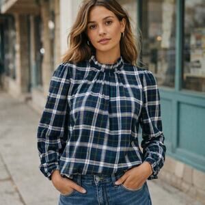 Trovata Birds of Paradis Mock Neck Blouse Green Plaid Cotton size Large